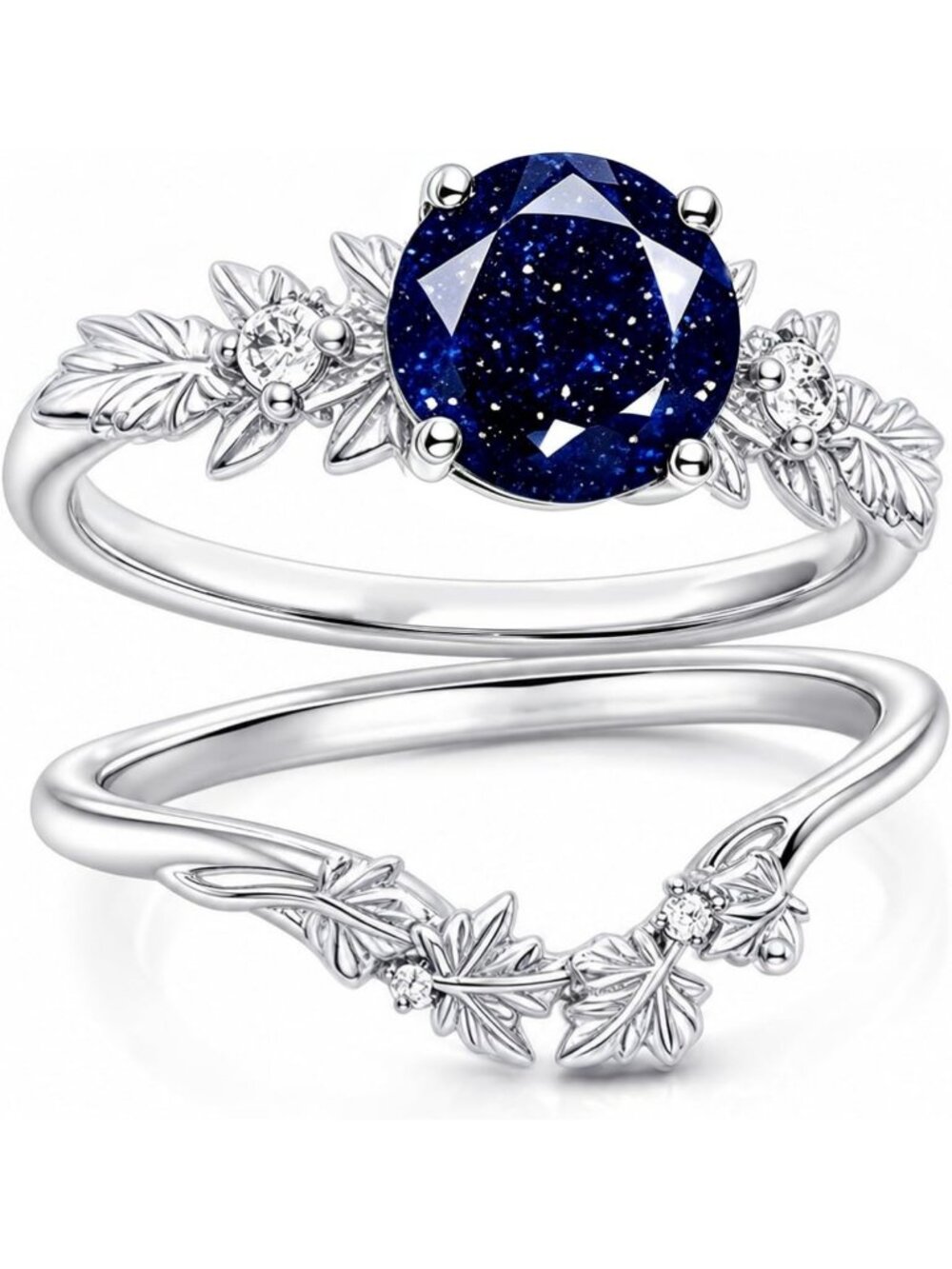 Unique S925 Sterling Silver Wedding Ring Set - Moss Agate, Opal, Blue Sandstone